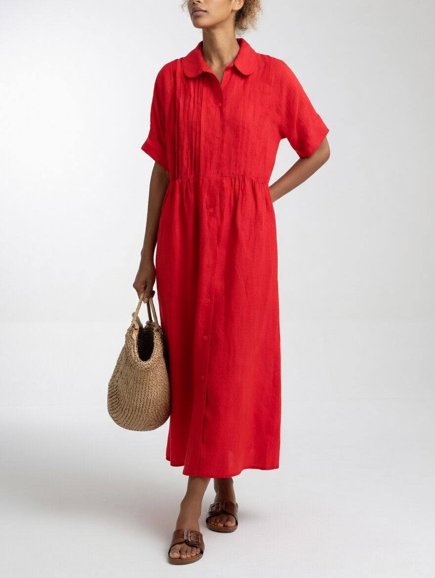 Long cotton shirt dress with button front and collar