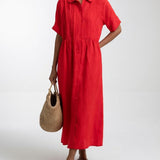 Long cotton shirt dress with button front and collar