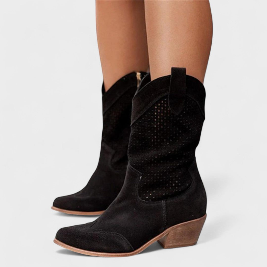 Ivy Perforated Suede Western Boots in Black - front view