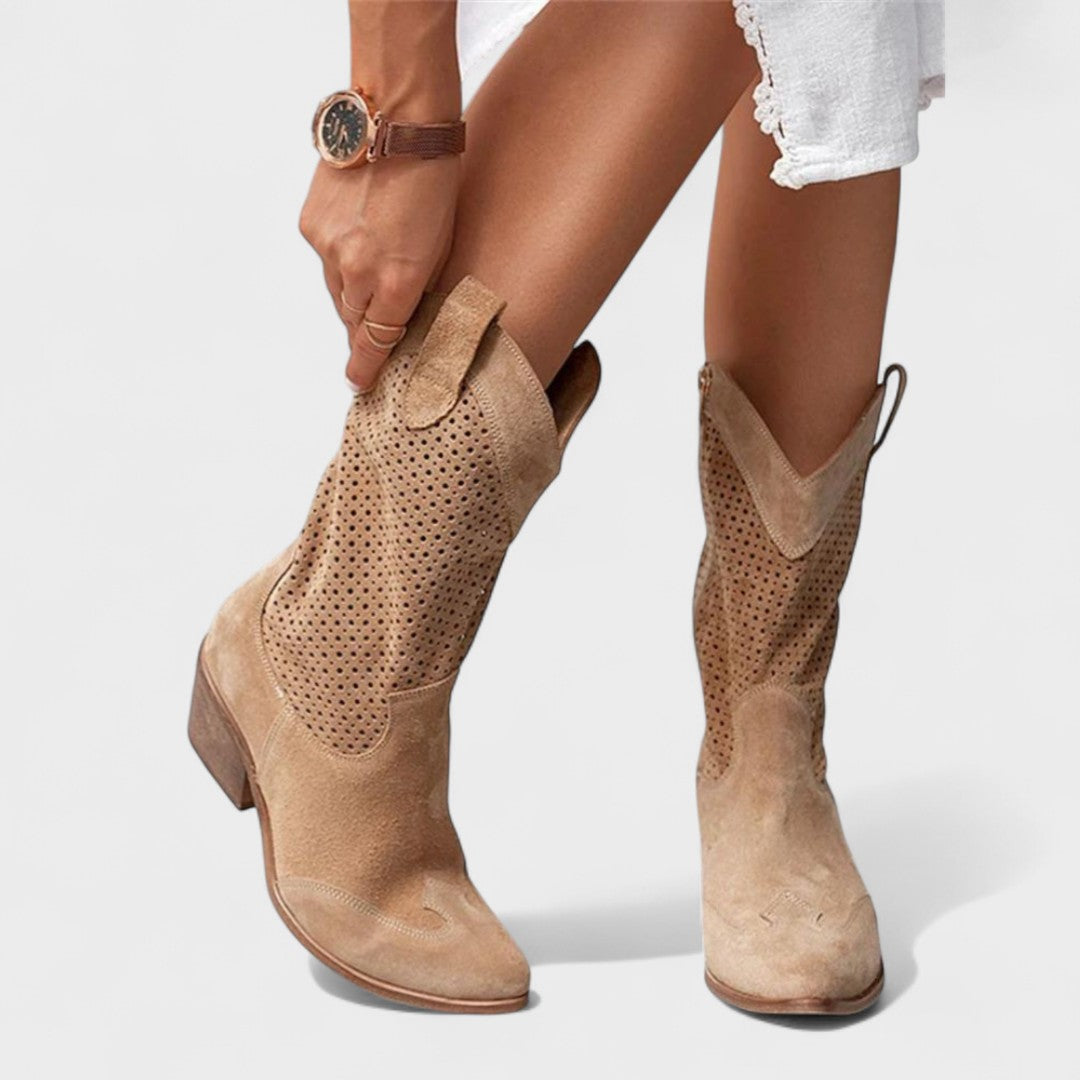 Ivy Perforated Suede Western Boots in Brown - side profile