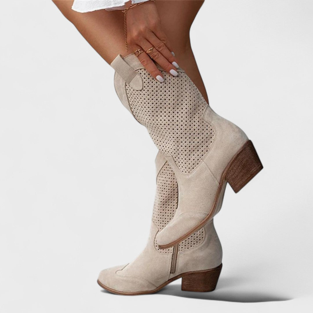 Ivy Perforated Suede Western Boots in Beige - close-up side view