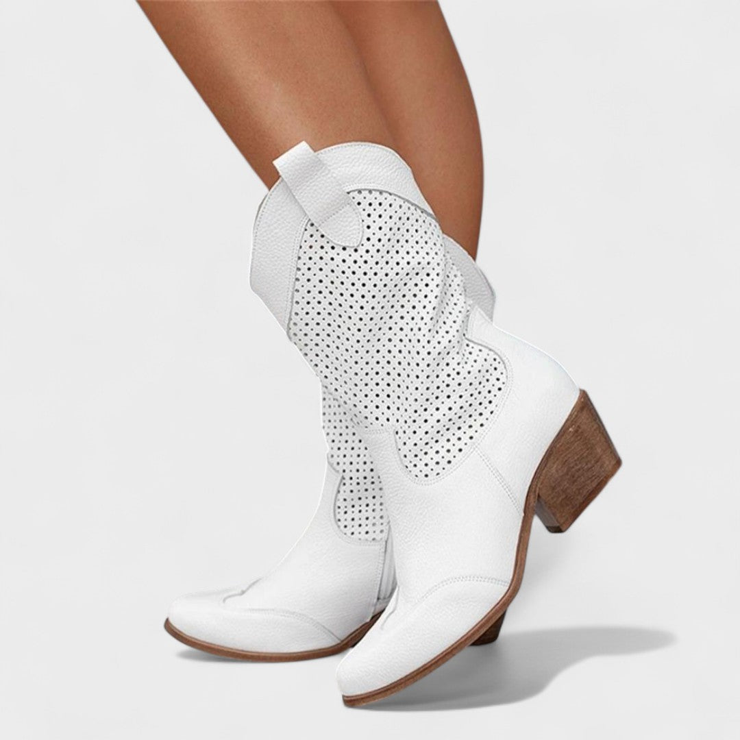 Ivy Perforated Suede Western Boots in White - close-up side view