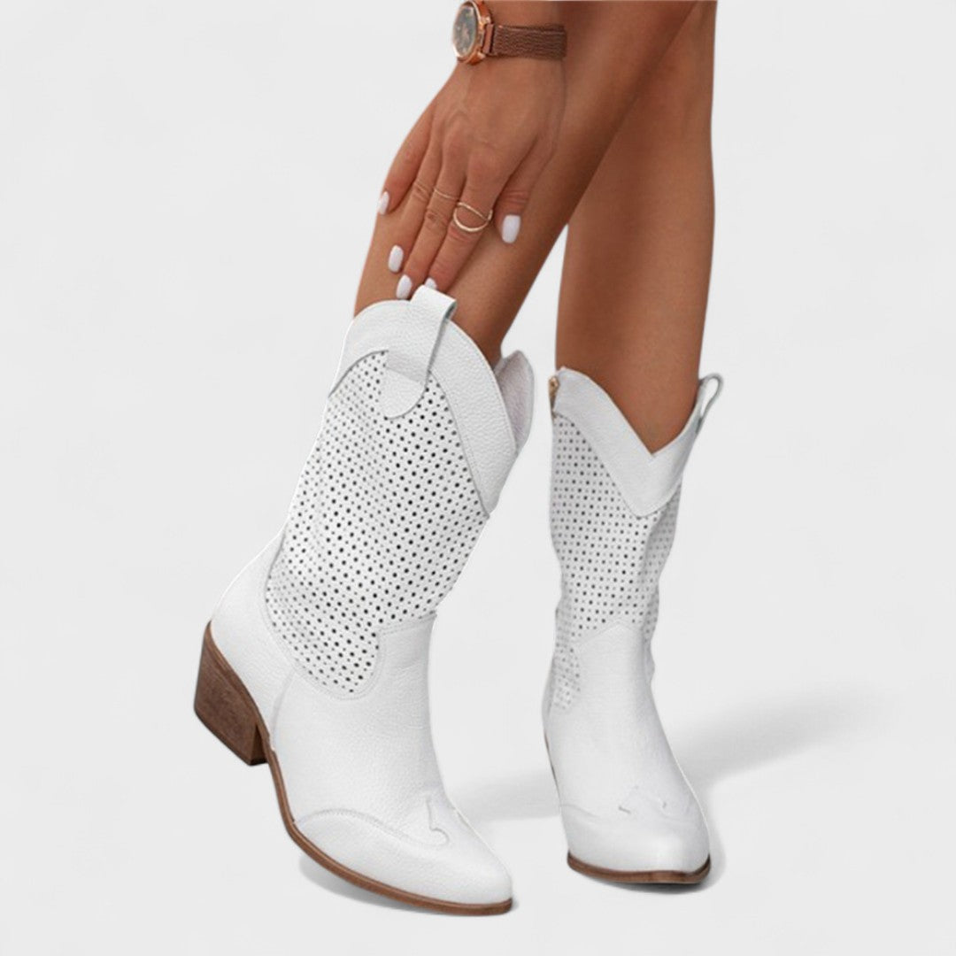 Ivy Perforated Suede Western Boots in White - front view