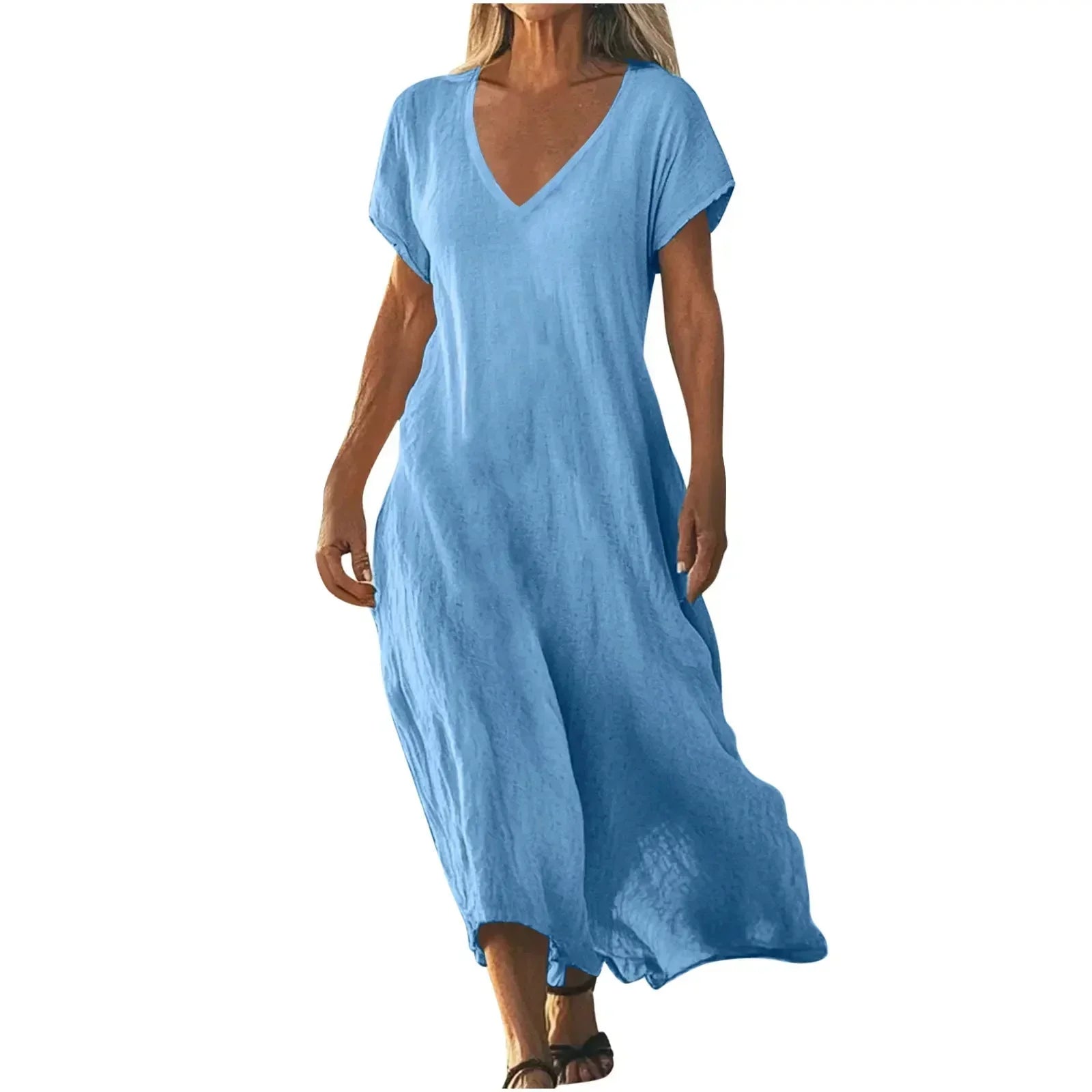 Woman wearing a flowing lightweight summer maxi dress