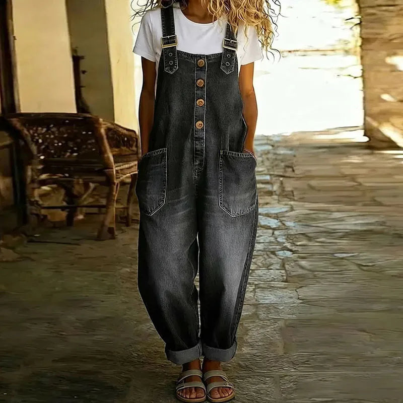 Woman wearing a soft denim-look jumpsuit