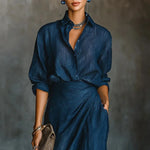 Woman wearing a pleated two-piece maxi skirt set