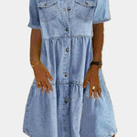 Woman wearing a boho-style button-front denim dress