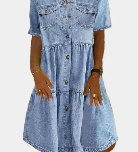 Woman wearing a boho-style button-front denim dress