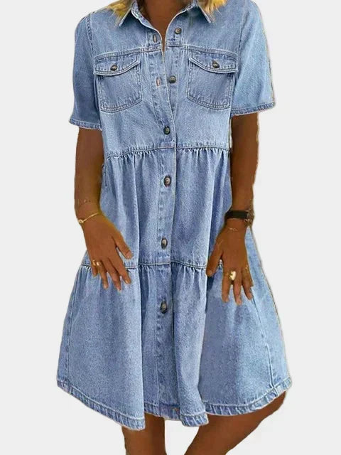 Woman wearing a boho-style button-front denim dress
