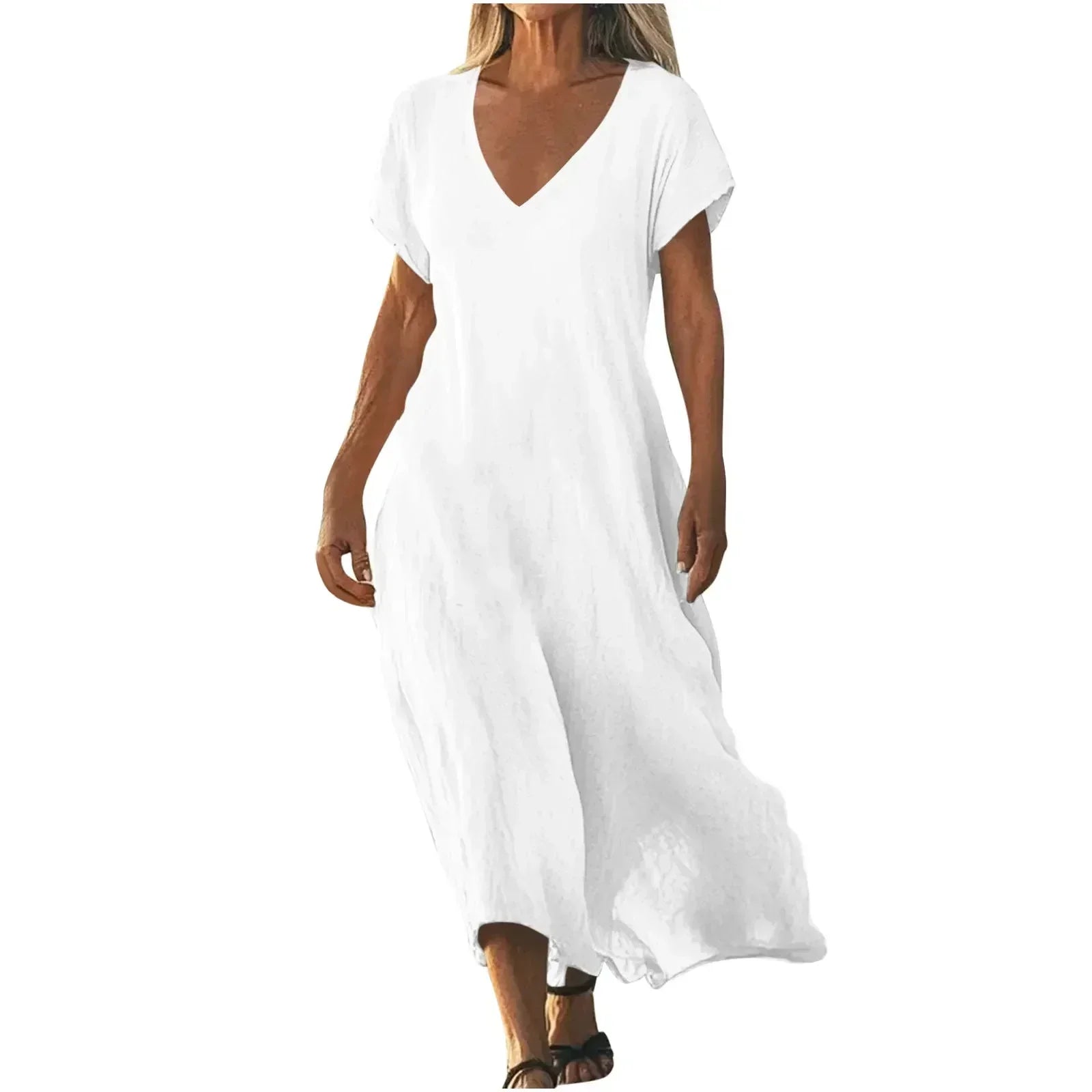 Woman wearing a flowing lightweight summer maxi dress
