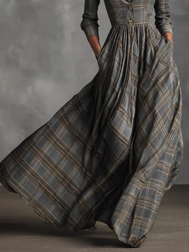 Woman wearing a vintage plaid shirt dress with full skirt