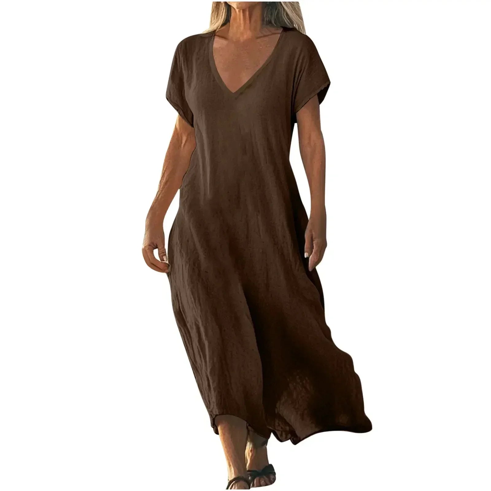 Woman wearing a flowing lightweight summer maxi dress