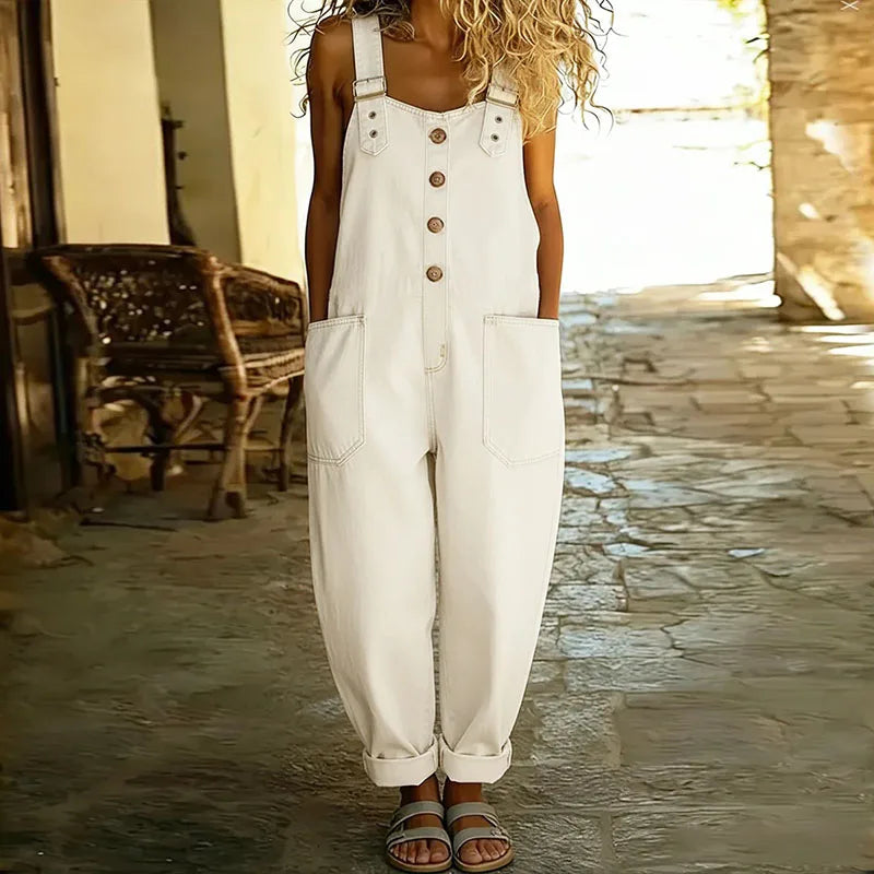 Woman wearing a soft denim-look jumpsuit