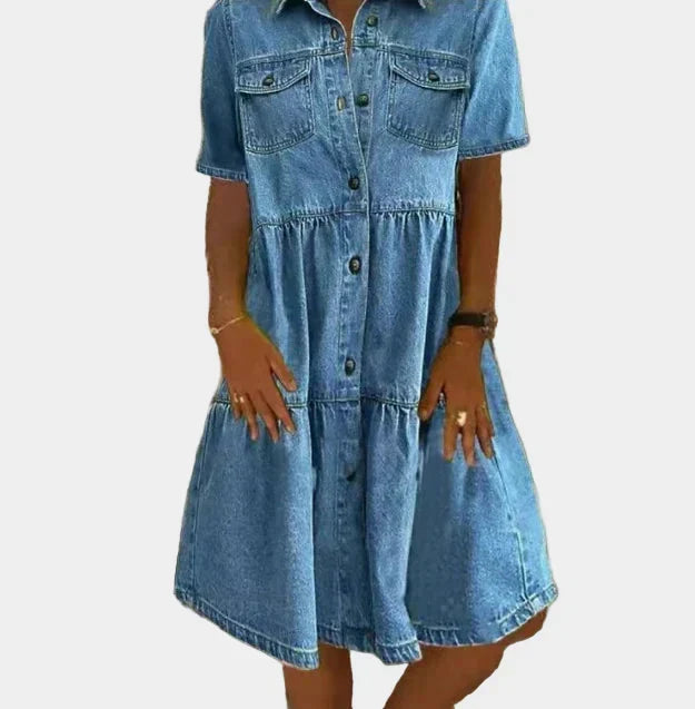 Woman wearing a boho-style button-front denim dress