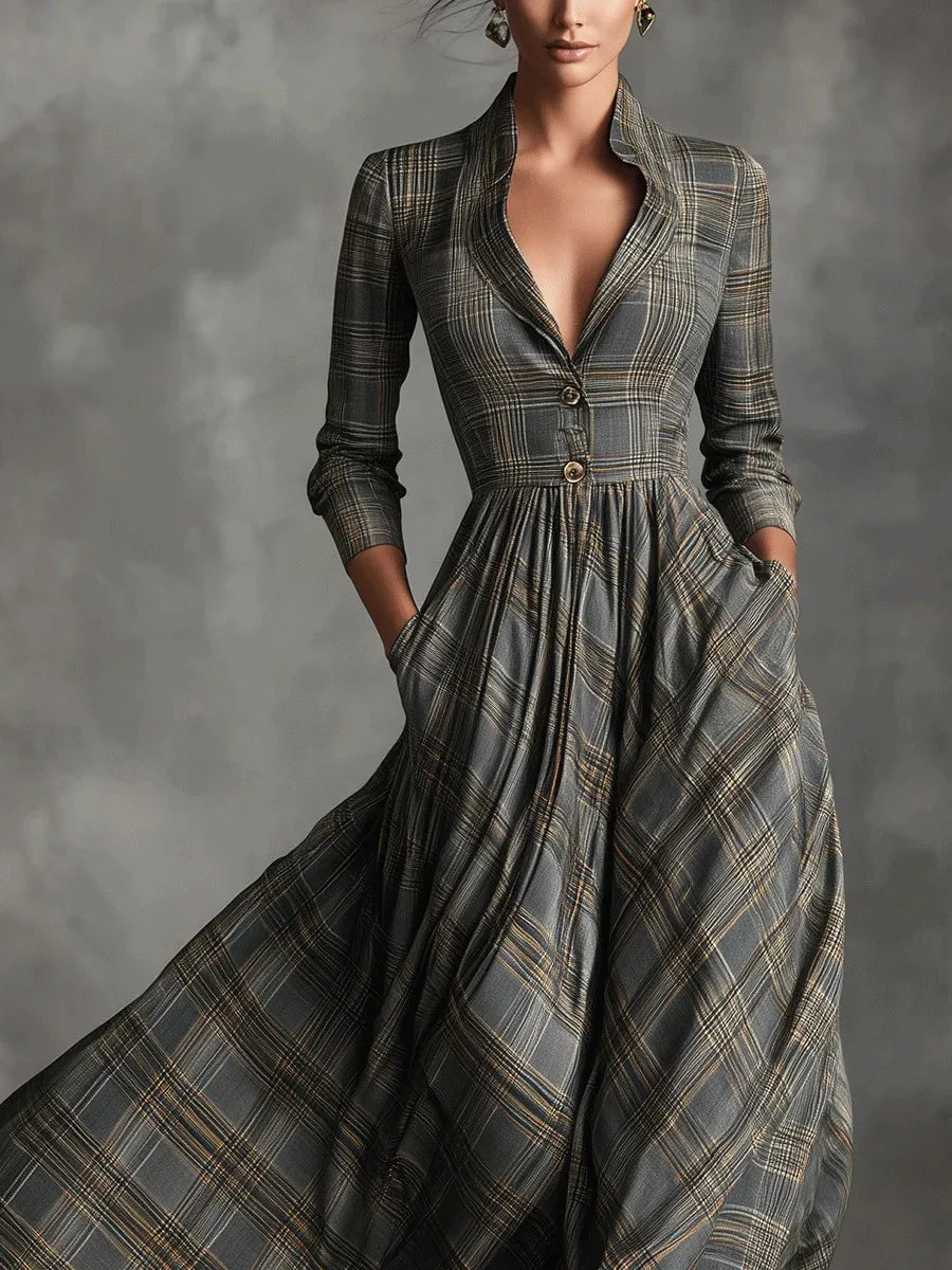 Woman wearing a vintage plaid shirt dress with full skirt