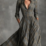 Woman wearing a vintage plaid shirt dress with full skirt