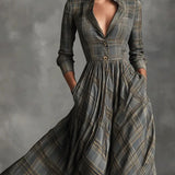 Woman wearing a vintage plaid shirt dress with full skirt
