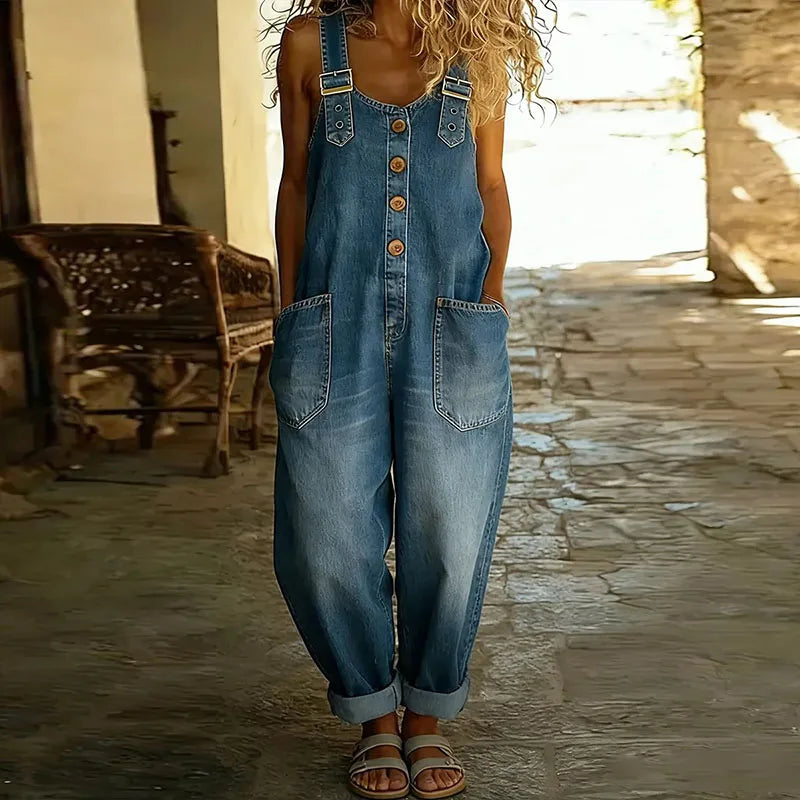 Woman wearing a soft denim-look jumpsuit