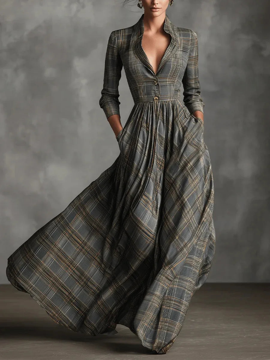 Woman wearing a vintage plaid shirt dress with full skirt