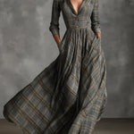 Woman wearing a vintage plaid shirt dress with full skirt