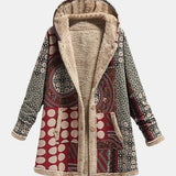 Dobromiła Burgundy Geometric Printed Hooded Coat - sherpa-hooded coat, front view