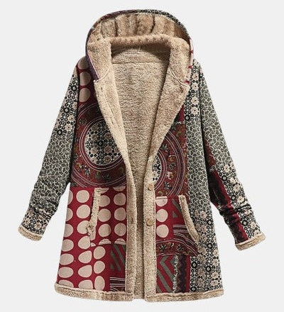 Dobromiła Burgundy Geometric Printed Hooded Coat - sherpa-hooded coat, front view