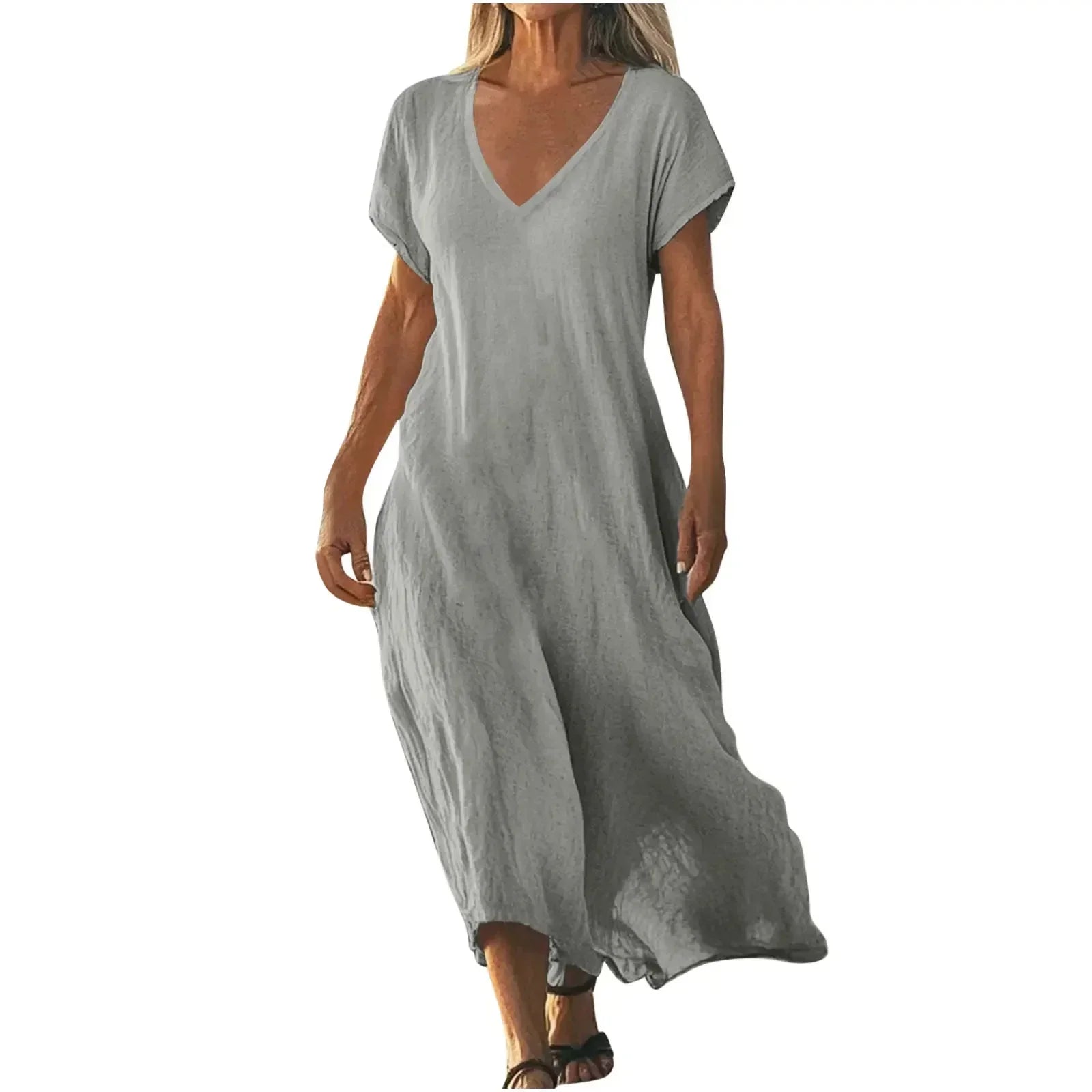 Woman wearing a flowing lightweight summer maxi dress