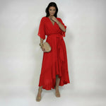 Woman wearing a V-neck chiffon dress