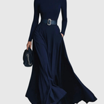 Woman wearing a high-neck A-line maxi dress