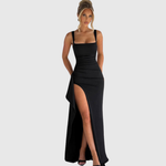 Black open-back slip maxi dress with thigh-high split