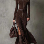 Woman wearing a suede-look zip-front maxi dress