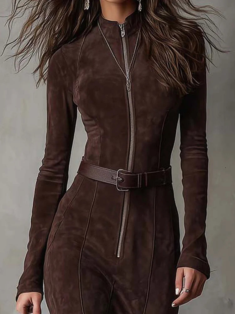 Woman wearing a suede-look zip-front maxi dress