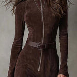 Woman wearing a suede-look zip-front maxi dress