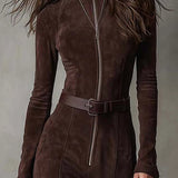 Woman wearing a suede-look zip-front maxi dress