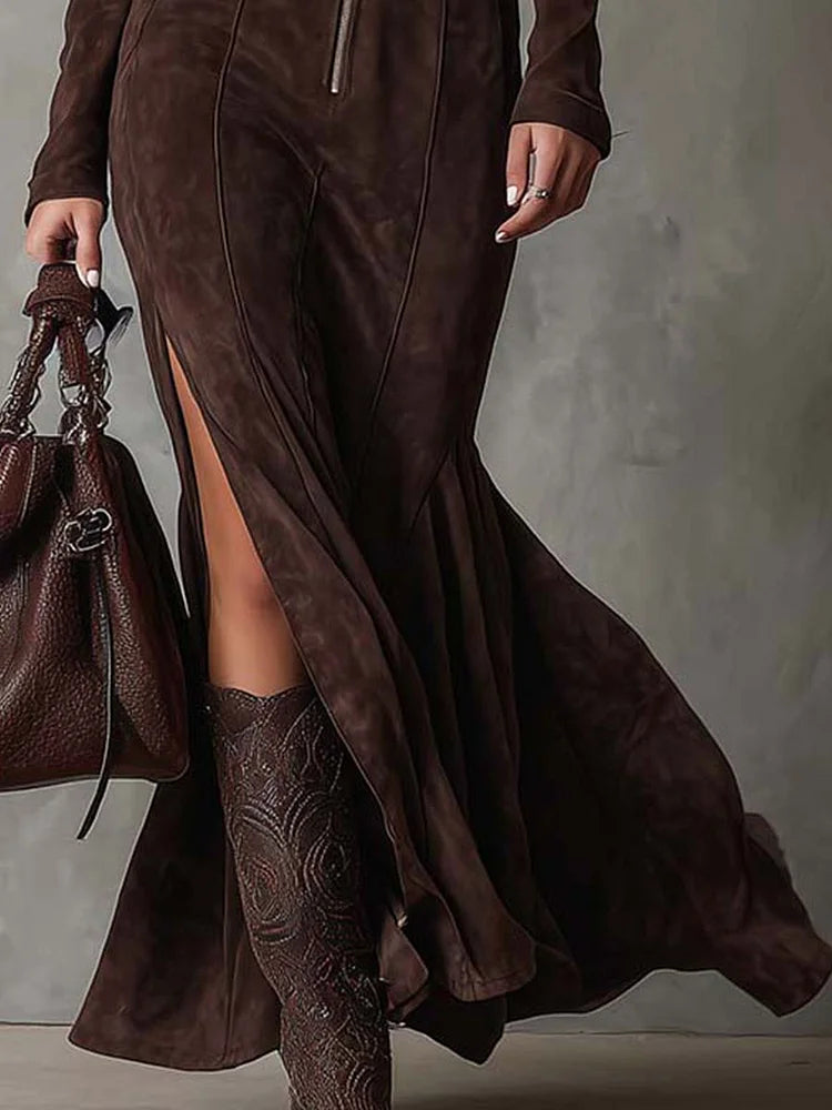 Woman wearing a suede-look zip-front maxi dress