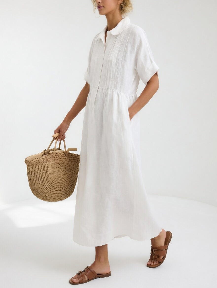Long cotton shirt dress with button front and collar