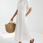Long cotton shirt dress with button front and collar