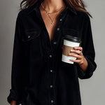Woman wearing a corduroy button-down shirt dress