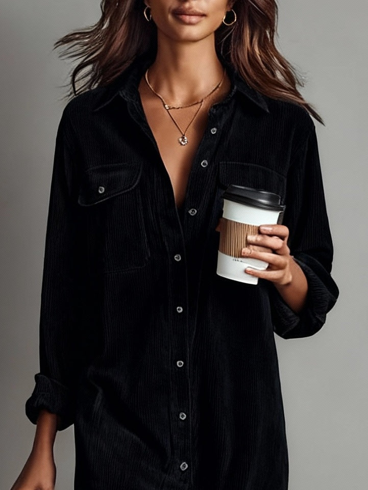 Woman wearing a corduroy button-down shirt dress