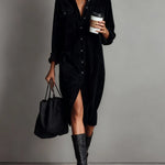 Woman wearing a corduroy button-down shirt dress