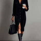 Woman wearing a corduroy button-down shirt dress