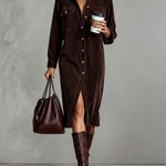 Woman wearing a corduroy button-down shirt dress