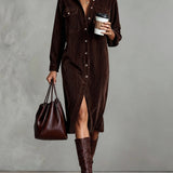 Woman wearing a corduroy button-down shirt dress