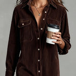 Woman wearing a corduroy button-down shirt dress