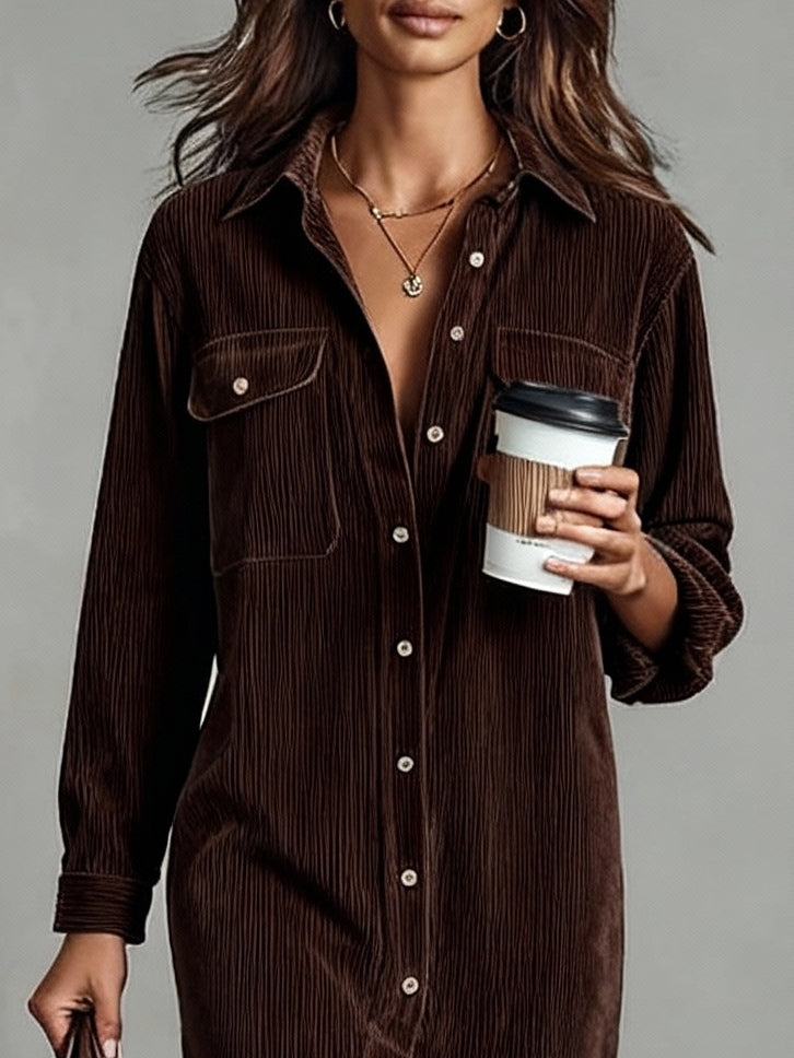 Woman wearing a corduroy button-down shirt dress