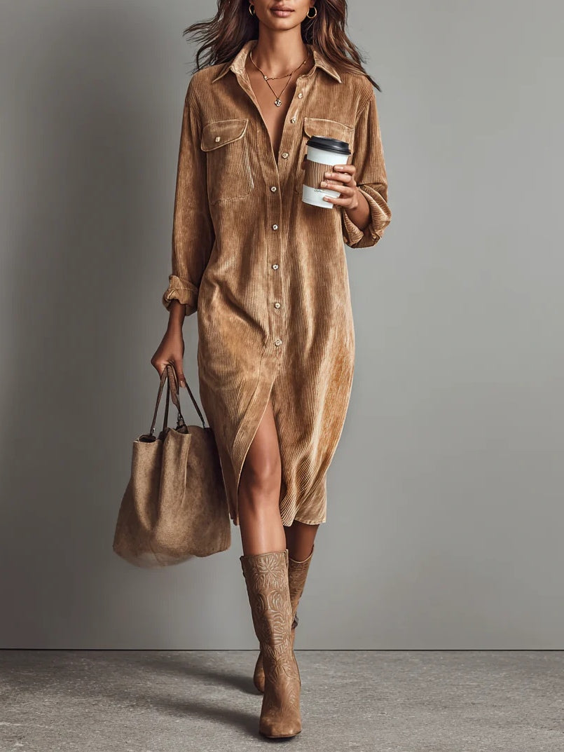 Woman wearing a corduroy button-down shirt dress