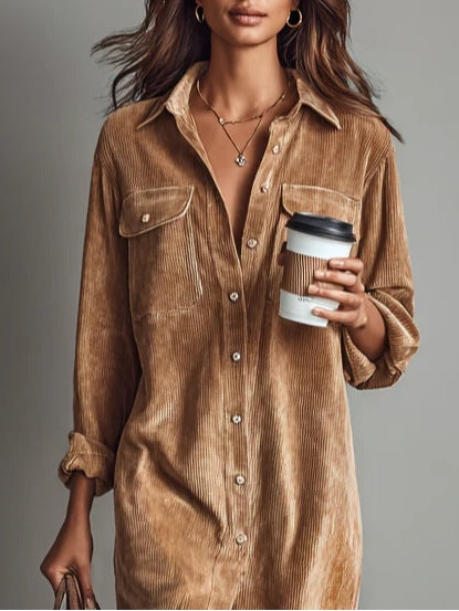 Woman wearing a corduroy button-down shirt dress