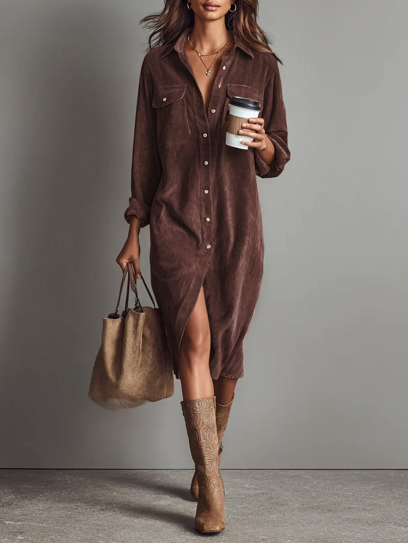 Woman wearing a corduroy button-down shirt dress