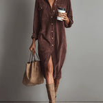 Woman wearing a corduroy button-down shirt dress