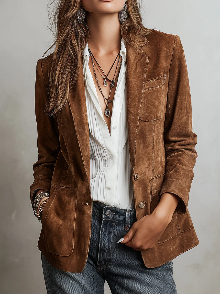 Woman wearing a vintage brown blazer